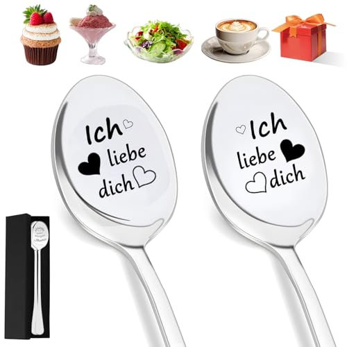 2 Stücke Kaffeelöffel mit Gravur - Ich liebe dich, Edelstahl Hochglanzpoliert Dessertlöffel Mit Geschenkbox, Jahrestag Geschenk für Ihn und Sie