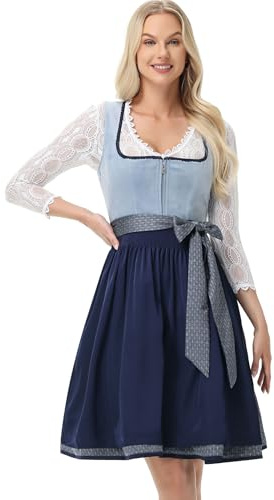 TrendiMax Damen Midi Dirndl - Elegantes Trachtenkleid Samt Dirndlkleid für Oktoberfest mit Dirndlschürze, Hellblau, 36