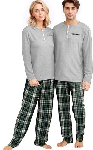 Amissz Pyjama assorti pour couple, pyjama pour couple, pyjama à carreaux, long pyjama de Noël pour homme et femme, ensemble deux pièces, pantalon de pyjama, vêtements de nuit, Gris - Femme, S