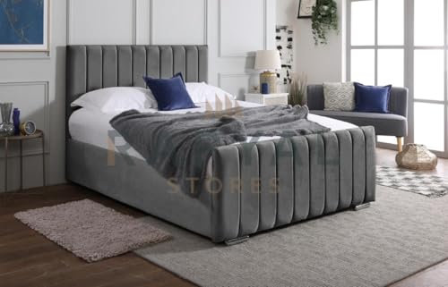 Rapyal Velvet Upholstered Panel Bedframe with Optional Ottoman Storage – Modern Design, Multiple Sizes & Colours (Grey, Small Double)