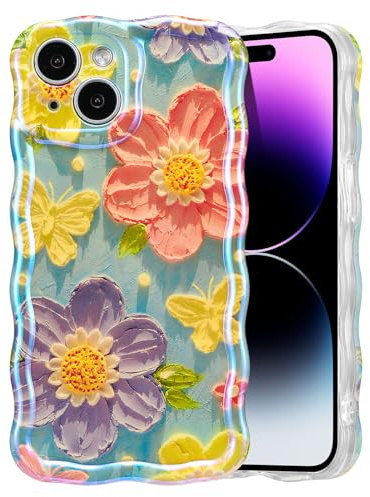 EYZUTAK Case for iPhone 15, Colorful Retro Oil Painting Butterfly Flower | Laser Glossy Floral Pattern, Cute Curly Wave Edge, Exquisite Phone Cover, Stylish Durable TPU Protective Case for Girl Women
