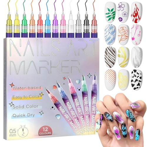 12 Colors Nail Art Pens Set, 0.5mm Nail Art Markers Polish Pens, 3D Fine Tip Quick-Dry Nail Art Pens for Drawing, Dotting, Lining & Painting, DIY Nail Art Design Kit