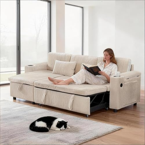 Su & Chan Legence L Shaped Sofa, 3-in-1 Corduroy Corner Sofa Bed with Storage, Pull Out Sofa Bed with USB Charging and Cup Holders, Beige, 205 x 128 x 79 cm