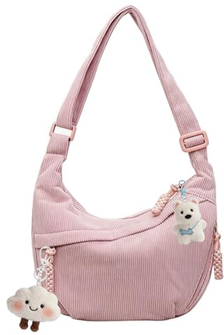 Yanxing Umhängetasche Damen, Crossbody Bag Damen, Moon Bag Damen, Cord, Verstellbare Schultergurte, Mit 2 Puppenanhängern, Großes Fassungsvermögen, Lässig, Geeignet Für Arbeit, Reisen, Schule (Rosa)