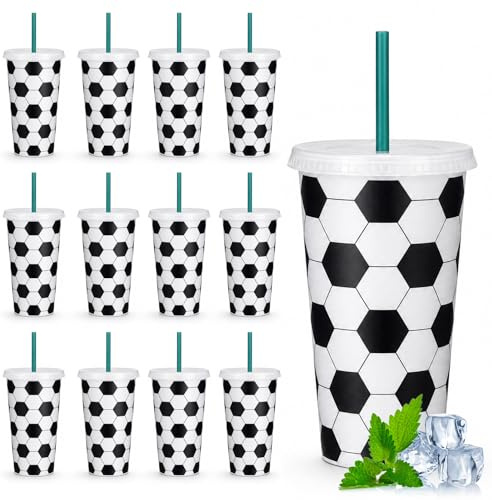 MeYuxg 12er-Set Fußball Becher, 701ML Fußball Tasse mit Deckel und Strohhalm Wiederverwendbare Schwarz-Weiß, für Bier, Water und Getränke, Fussball Sportball Party Tumbler