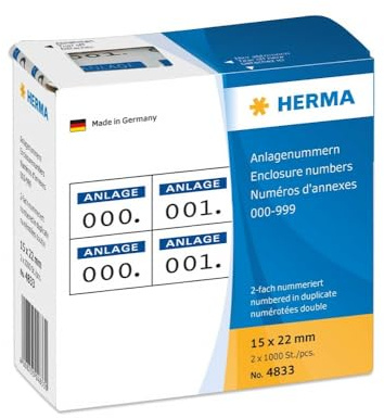 HERMA Number Labels 0-999, Double, 2000 Pieces, 22 x 15 mm, Self-Adhesive, Matte, Double Sequential Paper Number Labels, Asset Numbers in Dispenser Box, Blue