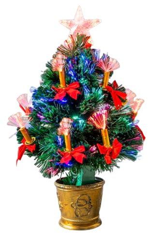 2Ft/60cm Fibre Optic Christmas Tree with Star Topper - LED Lights Candle & Bow Decorations - Pre-Lit Green Artificial Xmas Tree - Multicolor Changing Lights