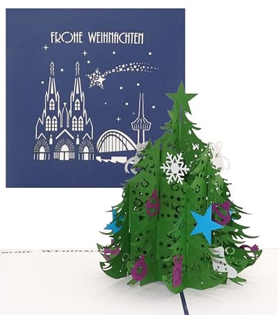 Pop-Up Karte Tannenbaum | Köln - Frohe Weihnachten Blau, Kölner Weihnachtskarte, Tannenbaum Köln, 3D Klappkarte mit Umschlag zu Weihnachten, Christmas Greeting Card Cologne