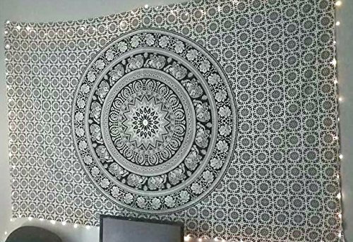 Beliebtes schwarz und weiß Elefanten Mandala Tapisserie Hippie, Gobelin, Wandteppich, indisches schwarz & weiß Tapisserie, Bohemian Wohnheim Decor Mandala Wandteppiche 137,2 x 213,4 cm von Jaipur handgewebt
