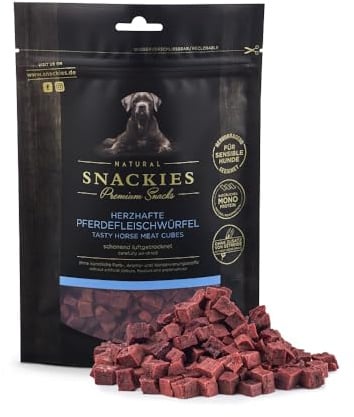 SNACKIES Premium Snacks für Hunde, ohne Zusatz von Getreide, Zucker, Farb-, Aroma- und Konservierungsstoffe, schonend luftgetrocknete Leckerli, Herzhafte Pferdefleischwürfel 170g