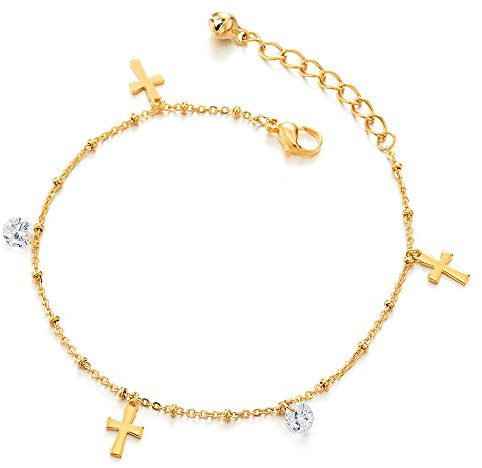 COOLSTEELANDBEYOND Edelstahl Goldfarben Damen-Fußkette Fußkettchen mit Charms Kreuz, Zirkonia und Klingglöckchen