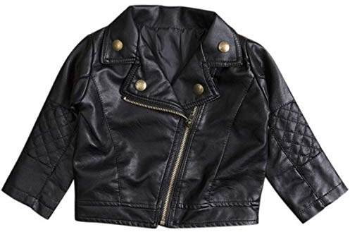 UNIQUEONE Neonati Ragazze Bambini Abiti Primavera Autunno PU Ecopelle Giacca Risvolto Cerniera Obliqua Cappotto, Nero, 6-12 mesi