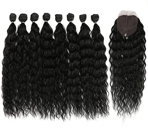DÉBUT synthetic hair bundles with closure weave bundles with frontal swiss lace 9pcs Water Wave 50 cm 240g high temperature fiber(50 cm, 1B)