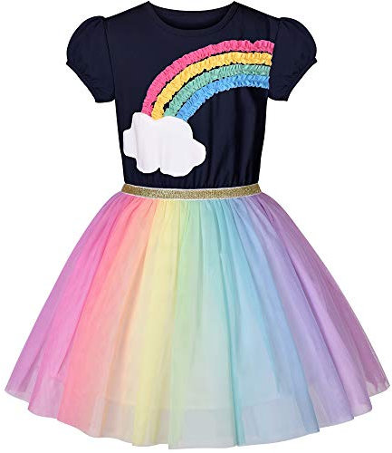 Vestito Bambina Blu Navy Manica Corta Arcobaleno Tulle Gonna Festa di Compleanno 4 Anni