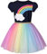 Vestito Bambina Blu Navy Manica Corta Arcobaleno Tulle Gonna Festa di Compleanno 4 Anni