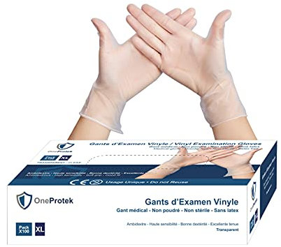 OneProtek Gants jetables en Vinyle - Boîte de 100 gants jetables Taille XL - non poudrés, sans latex - Multi-usages et résistants