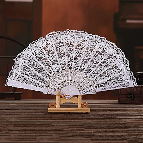 Damen Handfächer Stofffächer,Hochzeitsfächer Spitze,Vintage Spanische Barock Viktorianischen Sommer Faltfächer für Hochzeiten Geburttag Party Kostüm Halloween Karneval Fasching Tanzen Hand Fan,Weiß