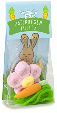 Osterhasen-Futter – süßer Naschbeutel mit Fruchtgummi, Zucker-Mohrrübe und Marshmallow-Blume, tolles Oster-Geschenk