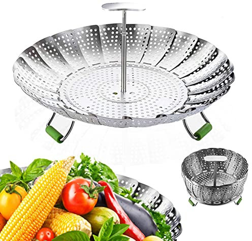 LCPUD Stainless Steel Folding Steamer Basket, 7'' to 11'' Expandable, Silver, Round, 11 inch 1tier, True, True
