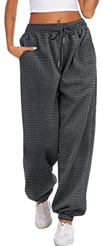 Hotouch Damen Jogginghose Baggy Waffle Lang Hose Warm Elastisch Freizeithose High Waist Kordelzug Trainingshose