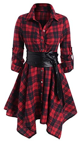 HXSZWJJ Casual Dress Frauen rot Plaid Gürtelte Roll-Takthülse Taschentuch Kleid Langarm Party Kleid (Color : Red, Size : XXL.)