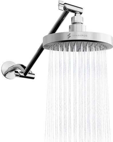 SparkPod Round Rain Shower Head with Extension Arm - Height Adjustable Shower Head with High Pressure Performance - Easy 1-Minute Installation (11 Arm Extension, Luxury Polished Chrome)