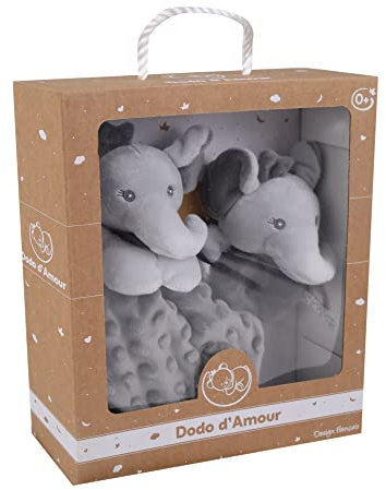 DODO D'AMOUR - Coffret Doudou Carré et Hochet - Éléphant - 012191 - Gris - Alvéolé - Naissance - Peluche - Bébé - 29 cm x 22 cm - À Partir de 0 mois