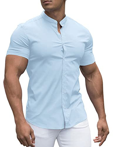 URRU Men's Muscle Dress Shirts Slim Fit Stretch Banded Collar Short Sleeve Casual Button Down Shirt Light Blue L