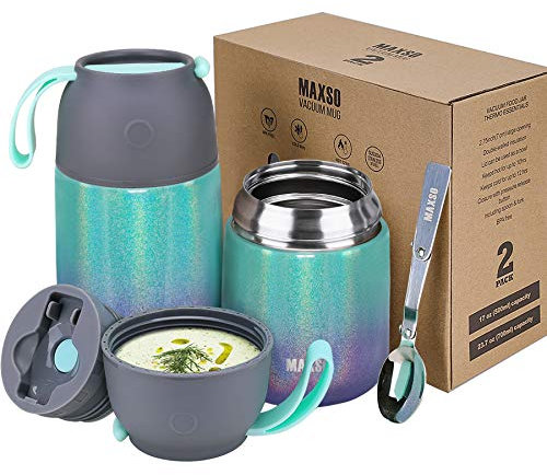 Thermobehälter für Essen 500ml & 700ml Edelstahl Warmhaltebebehälter mit faltbaren Löffel, Speißen, Babynahrung, Suppe, Brei, Joghurt, Thermo Speisgefäß Unterwegs, 2 Isolierbehälter im Set, Bunt