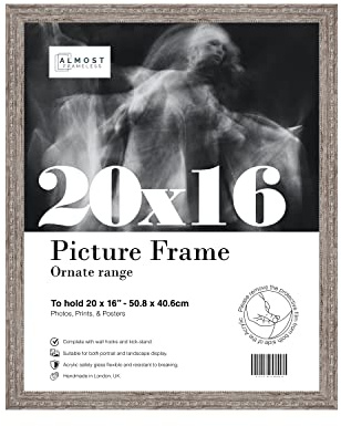 Almost Frameless 20x16 Walnut Ornate Picture Frame 20x16(50.8x40.6cm) Poster, Photo, Artwork, or Print. Shabby Chic Style Portrait and Landscape Display with Wall Hooks