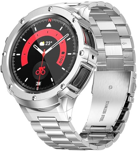 SUPLINK Metallgehäuse mit Band Kompatibel Samsung Galaxy Watch 5 Pro Armband 45mm/ Galaxy Watch 6 Armband/Watch 5/ Galaxy Watch 4 Armband 44mm, Edelstahl Schutzhülle Armband Männer(Silber)