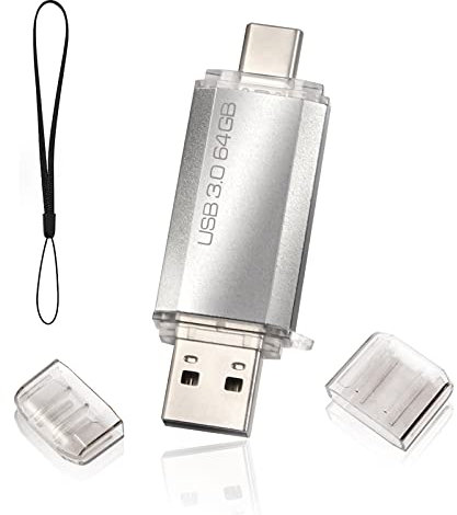 Tipo C Memoria 2 en 1 USB 3.0 64gb, Pen Drive USB C 3.0 64GB Tipo C Y USB 3.0 Memoria Flash 64gb para Smartphones Android/Windows/Pc/Tabletas/Almacenamiento Datos Externo Etc (Plata)