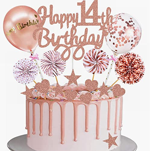 Yunchu Online Tortendeko 14. Geburtstag Mdchen Happy 14th Birthday Cake Topper Rosegold Kuchen Topper fr 14. Geburtstag Cupcake Toppers