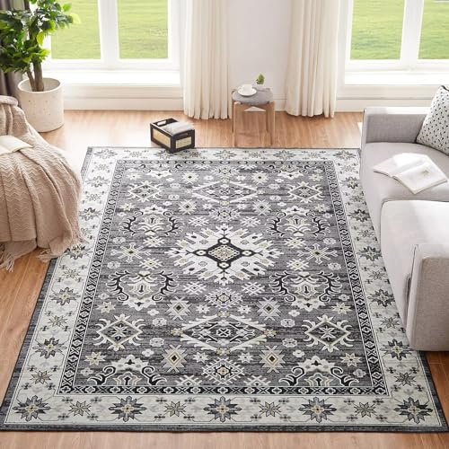 CHOSHOME Waschbarer Teppich 120x170CM für Wohnzimmer und Schlafzimmer - Vintage Kurzflor, Groß, Weich, Rutschfest, Flauschig - Grau