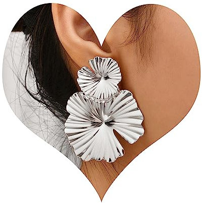Wendalern Pendientes colgantes de pétalos de flores grandes de plata Pendientes llamativos de botón de metal Joyas para mujeres