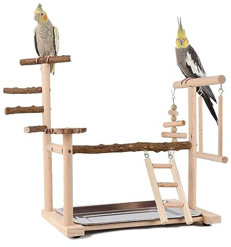 WishesMar Parco Giochi per Pappagalli Palestra per Uccelli Terreno di Gioco per Cocorite con Posatoi Supporto Scala Altalena e Vassoio pour Cacatua, Legno, Taglia 36x23x39 CM