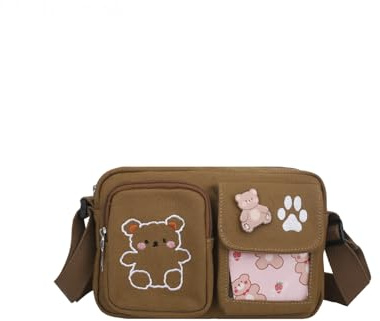 PORRASSO Mädchen Umhängetasche Niedlicher Kleiner Bär Schultertasche Canvas Schulrachnzen Damen Messenger Tasche Crossbody Bag für Reisen Täglichen Gebrau Braun