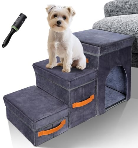 Masthome Haustiertreppe 3 Stufen, Hundetreppe für Kleine Hunde, Hunderampe aus Hochdichtem Schwamm,mit Waschbarem Bezug und Rutschfestem Boden,Katzentreppe für Bett, Sofa, Couch