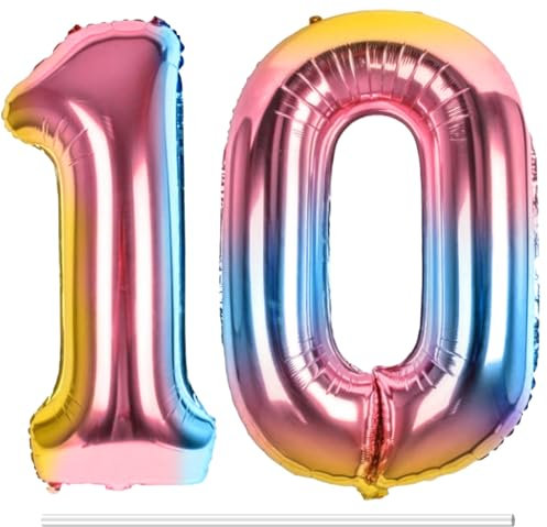 LAPONO Luftballons Geburtstag Zahl 10 Bunt, XXL Folienballon Zahlen 1 und 0 Riesen Helium Ballons 10 Jahre Geburtstagsdeko für Junge, Mädchen 10. Regenbogen Kindergeburtstag Jubiläum Party Deko