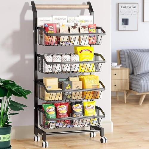 Latawon 4-Tier kitchen trolley on wheels with Wooden handles, kitchen vegetable storage rack,Easy Assemble Mobile Storage Trolley,Rolling Cart for fruits, vegetables, children's toys, food, snacks