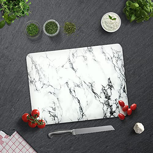 Decoritashop Planche à découper rectangulaire en verre trempé pour cuisine avec pieds en caoutchouc, résistante à la chaleur, antidérapante, 30 cm x 40 cm, aspect marbre blanc, BRCKT0000001