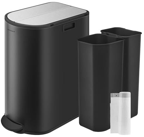 SONGMICS ULTB570B50 Doppel-Küchen-Mülleimer, 20,1 und 30,3 l Fächer, Mülleimer mit Flügeldeckel, Edelstahl, sanft schließend, Inneneimer, Ink Black und Metallic Silber, ULTB570B50