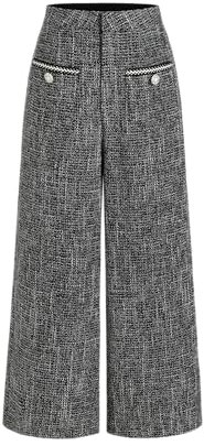 CIDER Tweed-Hose mit mittlerer Taille, solide Knöpfe, weites Bein, Schwarz, S
