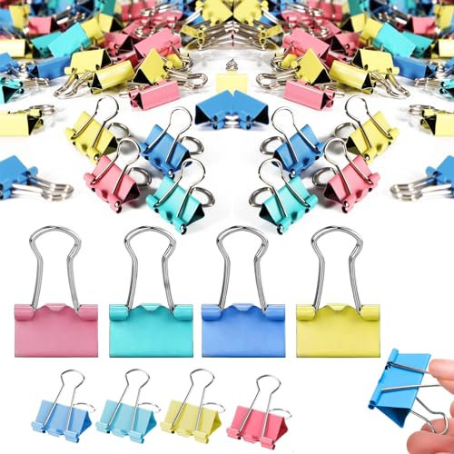 wodehahagou100PCS Colored Binder Clips,Foldback Clips Bulldog Clips Binder Clips 2 Sizes Foldback Clips Paper Clamps for Office School Home(15mm, 19mm)