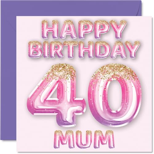 40th Birthday Card for Mum, Pink & Purple Glitter Balloons | Happy Birthday Cards for 40 Year Old Mum Mother from Son Daughter, 145mm Bday Greeting Cards Gift