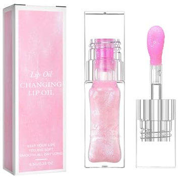 Pink Lip Gloss mit Großer Bürstenkopf, Lip Oil Shimmer & Temperature Color Changing, Lippen Öl Moisturizing & Hydrating, Clear Lip Glow Oil Hochglänzender & Feuchtigkeitsspendendes für Frauen Mädchen