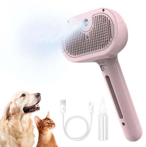 3-in-1 Katzenbürste mit Dampf, Antistatische Sprüh Hundebürste mit Wassertank Selbstreinigend Haustierbürste Knotenfest Haarentfernung mit Einem Knopf für Kurzhaar und Langhaar Hunde Katzen
