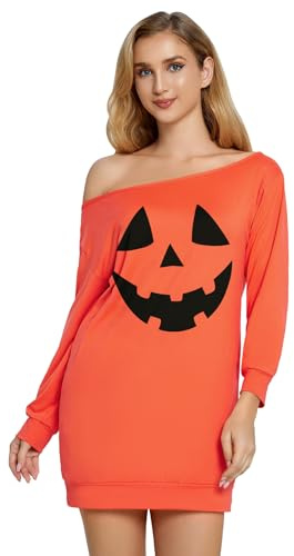 Glimnerize Robe d'Halloween pour femme - Manches 3/4 - Motif araignées citrouille squelette - Épaules dénudées - Haut à manches longues - Noir et orange - Pour fête costumée - S-XXL