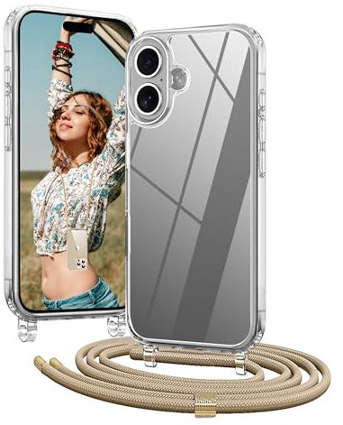 OLEPHY Handykette für iPhone 16 Hülle mit Band, Necklace Handyhülle, Transparente Schutzhülle zum Umhängen [Verstellbarem und Demontage Umhängeband], Golden