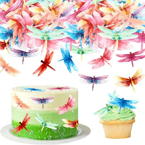 Blumomon 45Pcs Edible Dragonfly Cake Topper Pink Butterfly Cupcake Decoration Picks Wedding Baby Shower Party Wedding Anniversary Birthday Party Cupcake Decoration